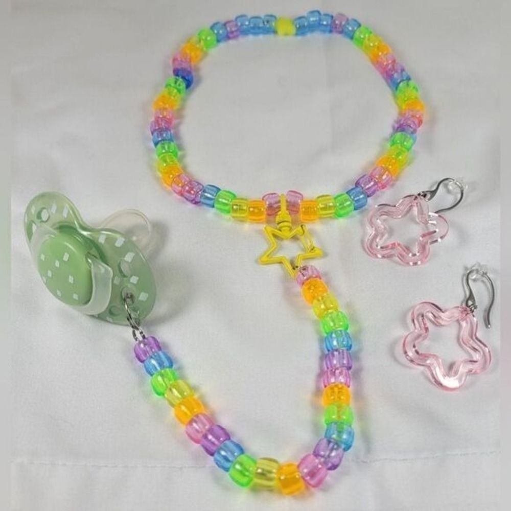 Rave 4 pc Rainbow Necklace binky cord earrings (Kandi jolly rancher)